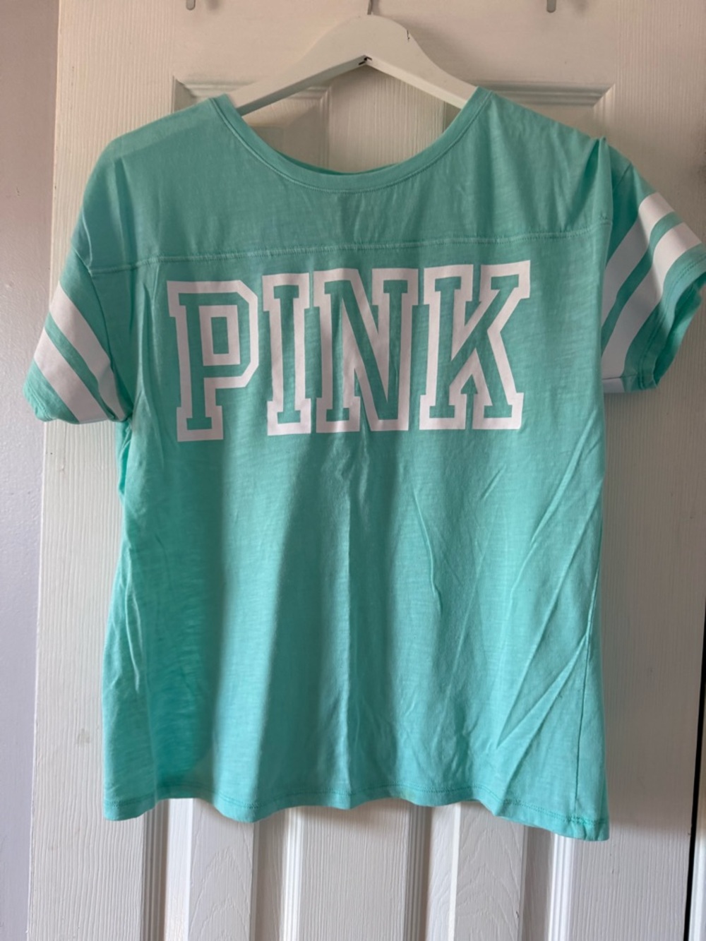 PINK Victoria's Secret Mint Green Short Sleeve Logo Tee, size small